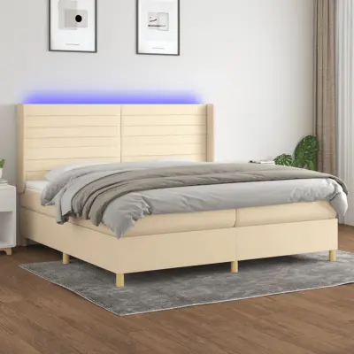 The Living Store Box spring postelja z vzmetnico LED krem 200x200 cm blago - Box Spring Postelja