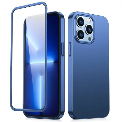 Ovitek za iPhone 13 Pro Max, zadnji in sprednji pokrov + kaljeno steklo, moder
