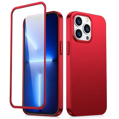 Ovitek za iPhone 13 Pro Max, zadnji in sprednji pokrov + kaljeno steklo, rdeč