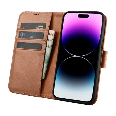 2v1 usnjena preklopna torbica za iPhone 14 Pro Max Anti-RFID denarnica, rjava