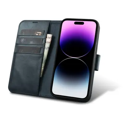 2v1 usnjena preklopna torbica za iPhone 14 Pro Max Anti-RFID Oil Wax Wallet Case modra