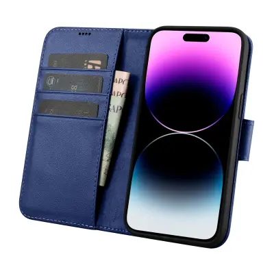 2v1 usnjena preklopna torbica za iPhone 14 Pro Max Anti-RFID Wallet Case modra