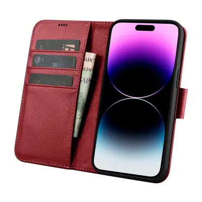 2v1 usnjena preklopna torbica za iPhone 14 Pro Max Anti-RFID denarnica, rdeča