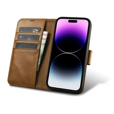 2v1 usnjena preklopna torbica za iPhone 14 Pro Max Anti-RFID Oil Wax Wallet Case svetlo rjava