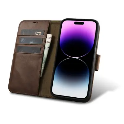 2v1 usnjena preklopna torbica za iPhone 14 Pro Max Anti-RFID Oil Wax Wallet Case temno rjava