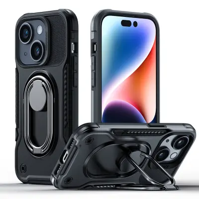 Ovitek za iPhone 14 Plus, oklepni ovitek s stojalom in držalom za prstan, črn