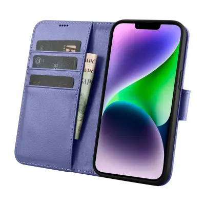 2v1 usnjena preklopna torbica za iPhone 14 Plus Anti-RFID denarnica svetlo vijolična