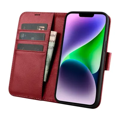 2v1 usnjena preklopna torbica za iPhone 14 Plus Anti-RFID denarnica, rdeča