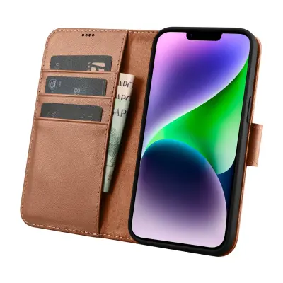 2v1 usnjena preklopna torbica za iPhone 14 Plus Anti-RFID Wallet Case Rjava