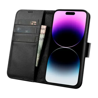 2v1 usnjena preklopna torbica za iPhone 14 Pro Anti-RFID črna denarnica