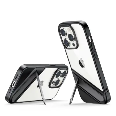 Trdi ovitek z gel okvirjem in vgrajenim stojalom za iPhone 14 Pro, črn