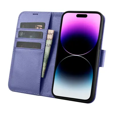 2v1 usnjena preklopna torbica za iPhone 14 Pro Anti-RFID denarnica svetlo vijolična