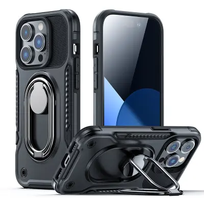 Ovitek za iPhone 14 Pro, oklepni ovitek s stojalom in držalom za prstan, črn