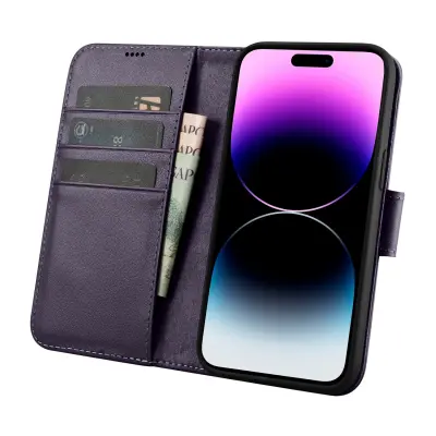 2v1 usnjena preklopna torbica za iPhone 14 Pro Anti-RFID denarnica temno vijolična