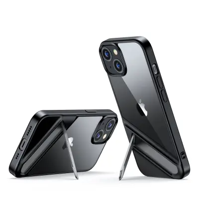 Trdi ovitek z gel okvirjem in vgrajenim stojalom za iPhone 14, črn