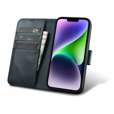2v1 usnjena preklopna torbica za iPhone 14 Anti-RFID Oil Wax Wallet Case modra