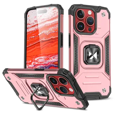 Armoured etui z držalom za prste za iPhone 15 Pro Ring Armor, roza zlato