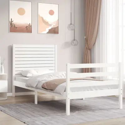 The Living Store Posteljni okvir z vzglavjem bel trden les - Posteljni Okvir
