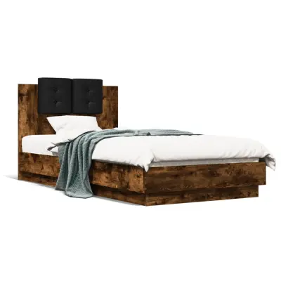 The Living Store Posteljni okvir z vzglavjem dimljen hrast 75x190 cm inž. les - Posteljni Okvir