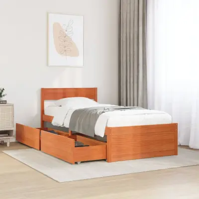 The Living Store Posteljni okvir brez vzmetnice voščeno rjav 90x190 cm borovina - Posteljni Okvir