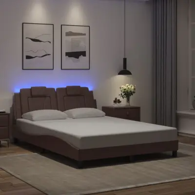 The Living Store Posteljni okvir z LED lučkami rjav 120x200 cm umetno usnje - Posteljni Okvir