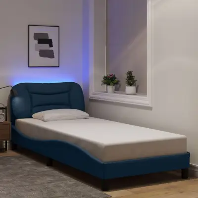 The Living Store Posteljni okvir z LED lučkami moder 90x200 cm tkanina - Posteljni Okvir