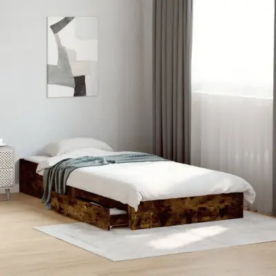 The Living Store Posteljni okvir s predali dimljen hrast 75x190 cm inž. les - Posteljni Okvir
