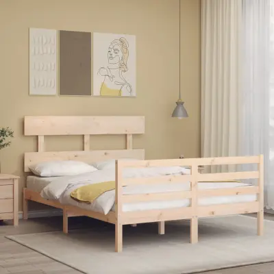 The Living Store Posteljni okvir z vzglavjem 140x190 cm trden les - Posteljni Okvir