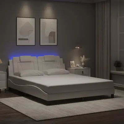The Living Store Posteljni okvir z LED lučkami bel 160x200 cm umetno usnje - Posteljni Okvir