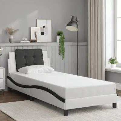 The Living Store Posteljni okvir z vzglavjem bel in črn 100x200 cm umetno usnje - Posteljni Okvir