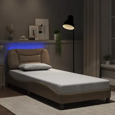 The Living Store Posteljni okvir z LED lučkami kapučino 90x200 cm umetno usnje - Posteljni Okvir