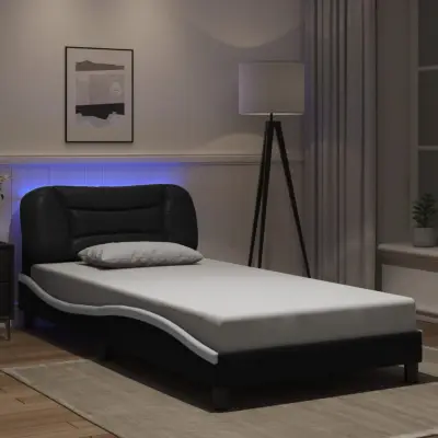 The Living Store Posteljni okvir z LED lučkami črn bel 100x200 cm umetno usnje - Posteljni Okvir