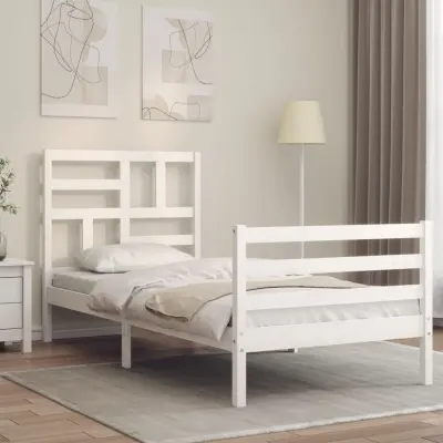 The Living Store Posteljni okvir z vzglavjem bel trden les - Posteljni Okvir