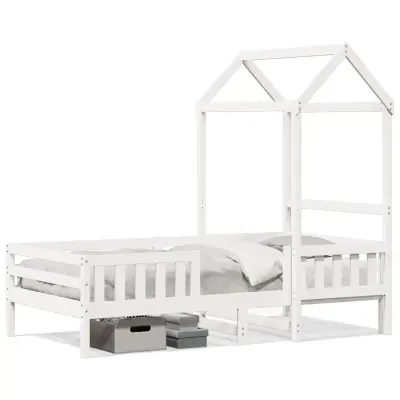 The Living Store Posteljni okvir s streho bel 75x190 cm trdna borovina - Posteljni Okvir