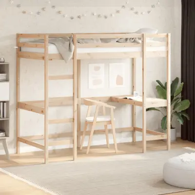 The Living Store Posteljni okvir z mizo 100x200 cm trdna borovina - Visoka Postelja