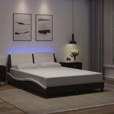 The Living Store Posteljni okvir z LED lučkami črno bel 140x190 cm umetno usnje - Posteljni Okvir
