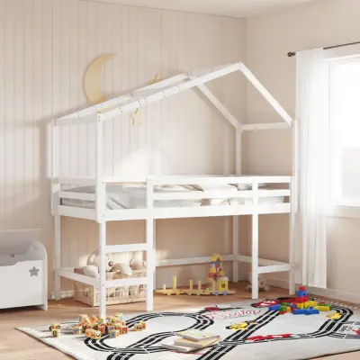 The Living Store Posteljni okvir z lestvijo in streho bel 90x190 cm borovina - Pograd