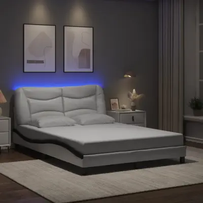 The Living Store Posteljni okvir z LED lučkami belo črn 120x200 cm umetno usnje - Posteljni Okvir