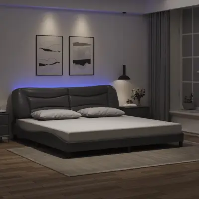 The Living Store Posteljni okvir z LED lučkami siv 200x200 cm umetno usnje - Posteljni Okvir