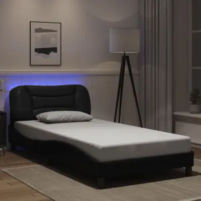 The Living Store Posteljni okvir z LED lučkami črn 100x200 cm umetno usnje - Posteljni Okvir