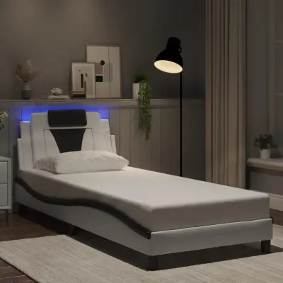 The Living Store Posteljni okvir z LED lučkami bel in črn 90x190 cm umetno usnje - Posteljni Okvir