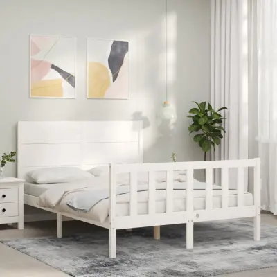 The Living Store Posteljni okvir z vzglavjem bel trden les - Posteljni Okvir