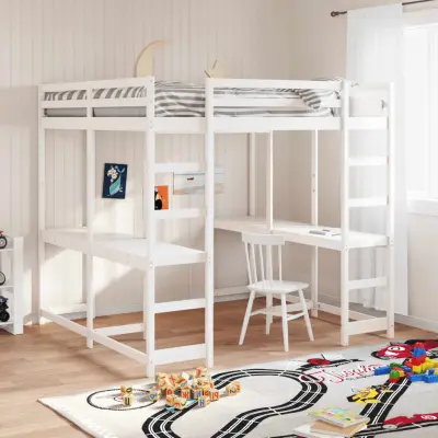 The Living Store Posteljni okvir z mizo in lestvijo bel 140x200 cm borovina - Otroški Pograd