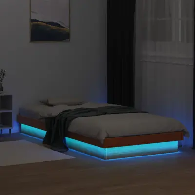 The Living Store LED posteljni okvir voščeno rjav 90x200 cm trdna borovina - Posteljni Okvir