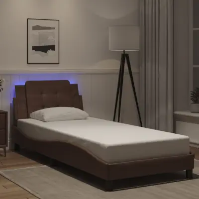 The Living Store Posteljni okvir z LED lučkami rjav 100x200 cm umetno usnje - Posteljni Okvir