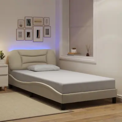 The Living Store Posteljni okvir z LED lučkami krem 100x200 cm tkanina - Posteljni Okvir