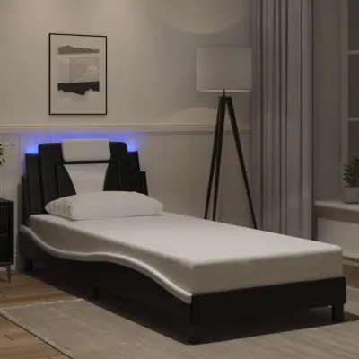 The Living Store Posteljni okvir z LED lučkami črn in bel 80x200 cm umetno usnje - Posteljni Okvir
