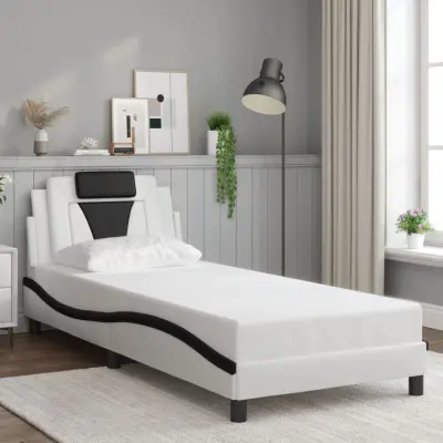 The Living Store Posteljni okvir z vzglavjem bel in črn 90x190 cm umetno usnje - Posteljni Okvir