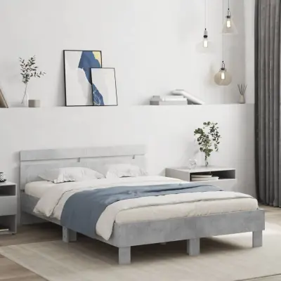 The Living Store Posteljni okvir z vzglavjem betonsko siv 135x190 cm inž. les - Posteljni Okvir