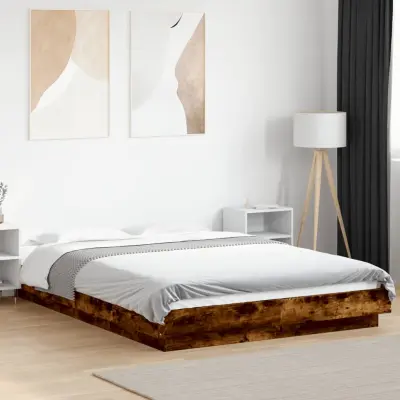 The Living Store Posteljni okvir z LED lučkami dimljen hrast 120x190 cm inž. les - Posteljni Okvir